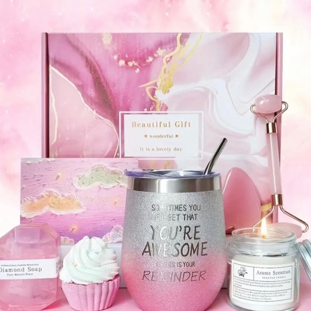 Pink and Silver Gift Set with Candle and Soap Relaxation Spa Gift Baskets